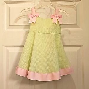 Bonnie Jean Lime Green Ghingham with Pink Bows & Trim Sundress 12 Months